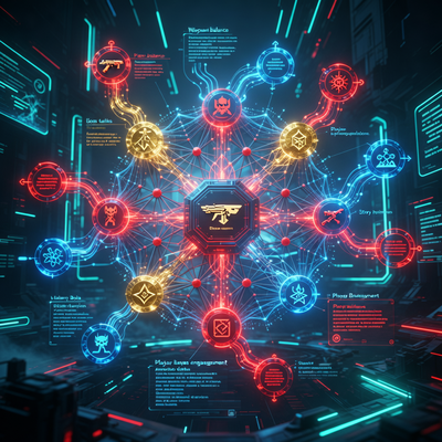 Визуализация алгоритма Mappex, анализирующего отзывы игроков и выделяющего ключевые элементы гейм-дизайна в виде сложной нейросети с драматическим освещением.