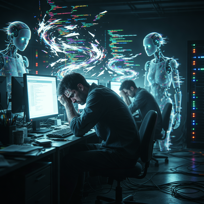 Изображение: уставшие разработчики Godot за компьютерами, окружённые хаотичным потоком кода и призрачными фигурами ИИ, символизирующими кризис пул-реквестов.