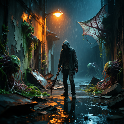 Драматичная сцена из игры Resident Evil Requiem: одинокий выживший в тёмном, залитом дождём разрушающемся городе, освещённый мерцающим фонарём, с угрожающими биологическими формами во тьме.