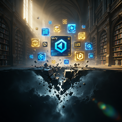 Драматическая сцена с цифровым ландшафтом, где библиотека 3D-ассетов и инструментов исчезает в темноте, символизируя удаление китайских ассетов из Unity Asset Store и конец глобальной эпохи разработки.