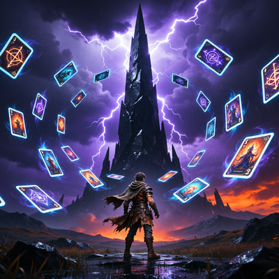 Драматическая сцена из Slay the Spire 2: авантюрист перед огромной башней в грозовом освещении с летающими картами, символизирующая эпический старт игры в раннем доступе.