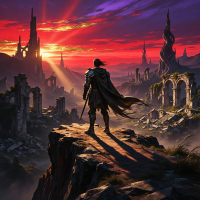 Одинокий воин на скале на фоне фэнтезийного пейзажа с багровым небом, символизирующий выживание и трансформацию в игре Crimson Desert.