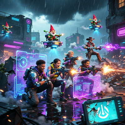 Кинематографичная сцена с игроками в экстракшн-шутере от Bungie и хаотичным кооперативным геймплеем на фоне, отражающая тренды игровой индустрии.