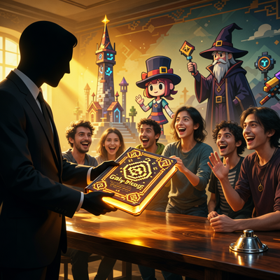 Символическая передача игрового каталога от старого издателя к новой студии Balor Games, с элементами известных инди-игр на фоне.