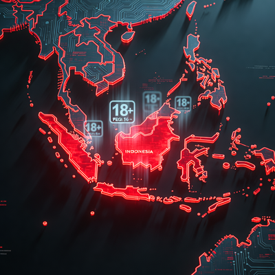 Драматическая визуализация глобального цифрового дистрибьютора с подсвеченной Индонезией, где появляются возрастные рейтинги, символизируя новое регулирование.