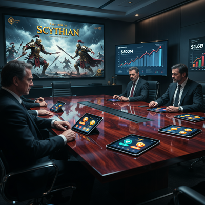 Драматичная сцена в переговорной комнате игровой студии, где обсуждают рост стоимости компании с 800 миллионов до 1,6 миллиарда долларов на фоне концепт-арта эпической игры и мобильных интерфейсов.