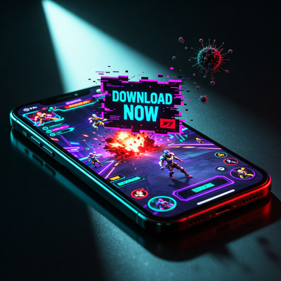 Смартфон в темноте с ярким экраном, на котором видна вредоносная реклама среди игровой графики, символизирующая угрозы в мобильных играх.