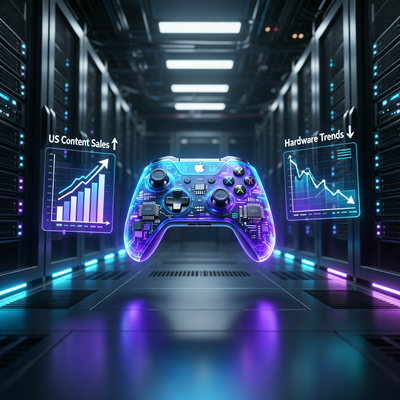 Драматичное изображение игрового контроллера в темном футуристическом центре данных с голографическими графиками, отражающими рост контента и падение железа на рынке видеоигр США.