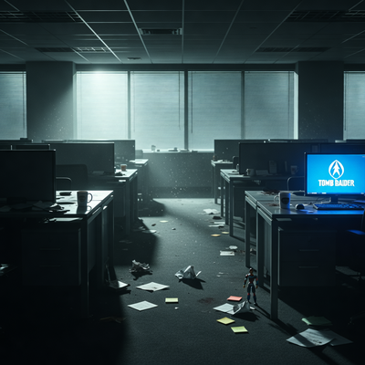 Пустой офис Crystal Dynamics с тенями от драматического освещения, символизирующий увольнения и тревожный тренд в геймдеве.