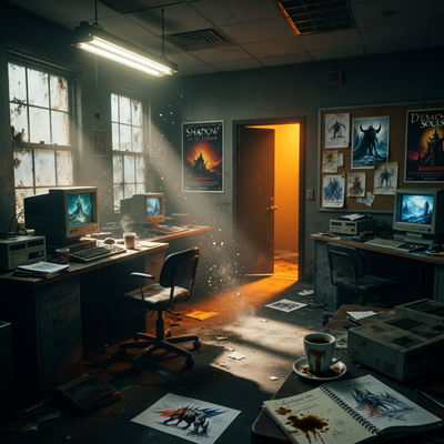 Заброшенная игровая студия Sony в Остине с пустыми рабочими местами и артами культовых ремейков, символизирующая закрытие эпохи ремастеров PlayStation.