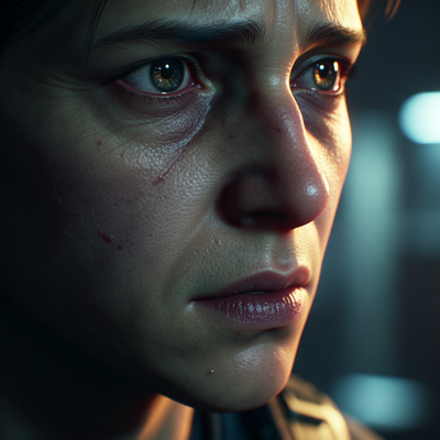 Крупный план лица персонажа видеоигры, отрендеренного с технологией NVIDIA DLSS 5, демонстрирующий гиперреалистичную детализацию кожи и микро-выражения в драматическом освещении.