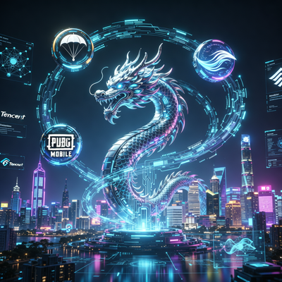 Футуристическая визуализация глобальной игровой империи Tencent с драматическим освещением, символизирующая рост и экспансию компании на международные рынки.