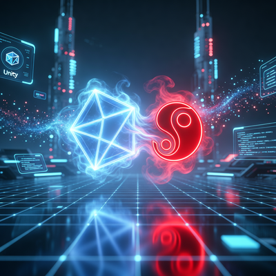 Слияние логотипов Unity и Steam в цифровом пространстве, символизирующее нативную интеграцию игрового движка с платформой.