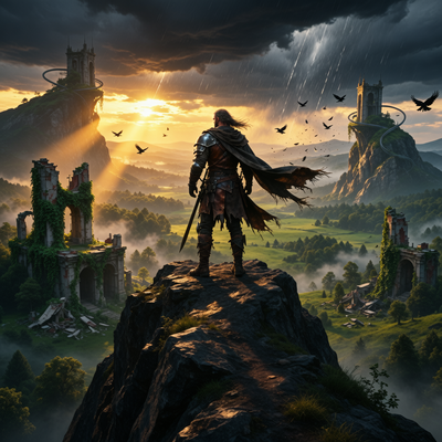 Одинокий наемник Макдюф стоит на скале на фоне обширного фэнтезийного мира Crimson Desert в драматическом закатном свете.