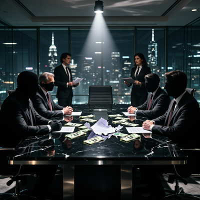 Драматическая сцена в корпоративном зале заседаний с тенями и символами финансовых махинаций, отражающая судебный спор о возврате 150 млн рублей.