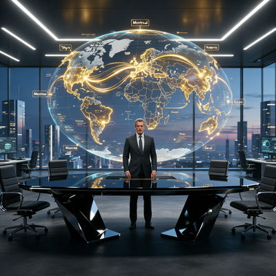 Павел Ряйкконен в современном офисе на фоне голографической карты игровых студий, символизирующей запуск инвестиционного синдиката GameXCap для поддержки разработчиков.