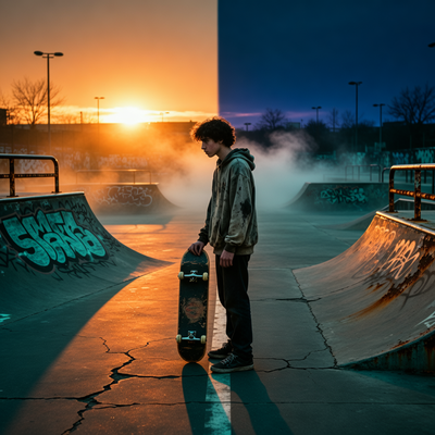 Скейтбордист на перепутье в пустом скейт-парке на закате, символизирующий неопределённое будущее франшизы Skate после сокращений в EA.