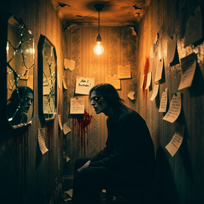 Сцена из психологического хоррора No, I'm not a Human: одинокий персонаж в мрачной комнате с драматическим освещением, символизирующая внутренний конфликт и отрицание человечности.