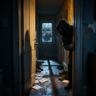 Тайный сосед подглядывает в тёмный дом через приоткрытую дверь, создавая атмосферу инди-хоррора Hello Neighbor.