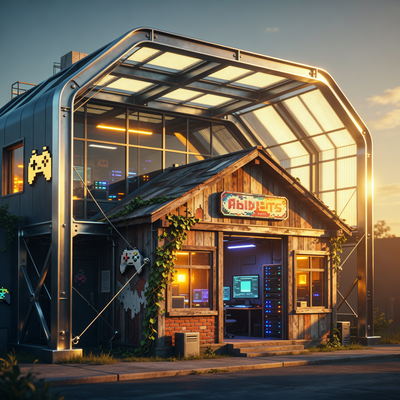 Символическое изображение устойчивости в игровой индустрии: небольшая студия поддерживается стабилизирующей структурой при драматическом освещении.