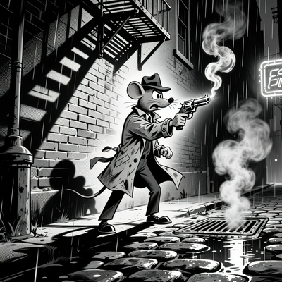 Чёрно-белый мультяшный мышь-детектив в стиле нуар держит дымящийся пистолет в тёмном городском переулке с драматическим освещением, отражая эстетику игры MOUSE: P.I. For Hire.