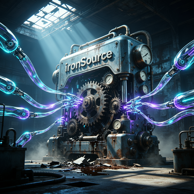 Unity демонтирует наследие ironSource: старая рекламная структура разбирается лучами искусственного интеллекта в драматичном свете.