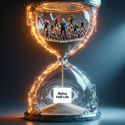 Колоссальные песочные часы из светящихся данных Steam, символизирующие 1.3 млн лет игрового времени, с фигурками игроков в Dota 2 и CS2 и минималистичным описанием Black Mesa.