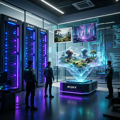 Футуристическая лаборатория Sony с ИИ-серверами и голографическими 3D-средами, создаваемыми из 2D-фотографий, символизирующая слияние технологий и иммерсивной графики.