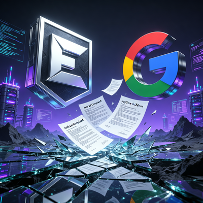 Драматическое изображение противостояния логотипов Epic Games и Google над цифровым ландшафтом Android, символизирующее судебное урегулирование и изменение правил экосистемы.