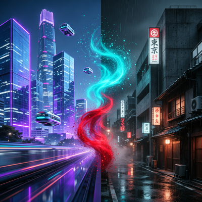 Слияние творческих сил: футуристический Сеул и атмосферный Токио объединяются в кинематографической сцене с драматическим освещением.