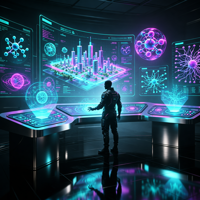 Футуристический интерфейс движка UNIGINE 2.21 с голографическими дисплеями и потоками данных в темной комнате управления.