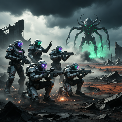 Футуристический тактический отряд в меха-костюмах противостоит инопланетной угрозе на пустынном поле боя, символизируя успех нишевой игры MENACE.