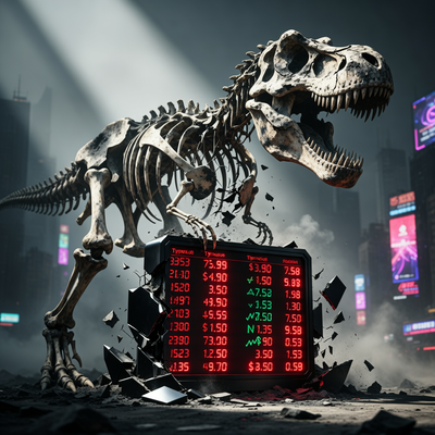 Скелет тираннозавра рушится на фоне биржевого табло с падающими цифрами, символизируя финансовый кризис Snail Games из-за зависимости от франшизы ARK.