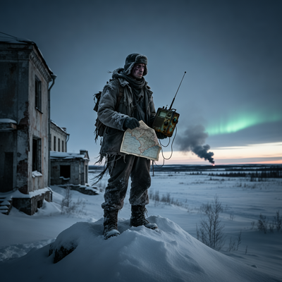 Одинокий выживалец в мрачном приграничье Финляндии и России, атмосферная сцена с драматическим освещением из игры Road to Vostok.