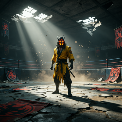 Драматическая сцена из Mortal Kombat 1 с персонажем в заброшенной арене, символизирующая достижение 8 млн продаж после прекращения поддержки и глубоких скидок.