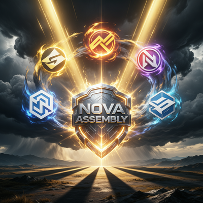 Пять логотипов игровых студий сливаются в единый щит Nova Assembly на фоне драматического освещения и тёмных облаков, символизируя объединение против кризиса.