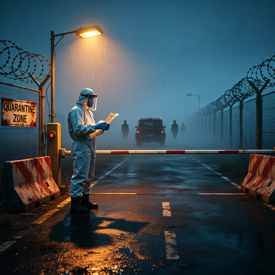Драматичная сцена на КПП в карантинной зоне с одиноким охранником в защитном костюме, проверяющим документы при тусклом свете, на фоне туманного апокалиптического пейзажа.