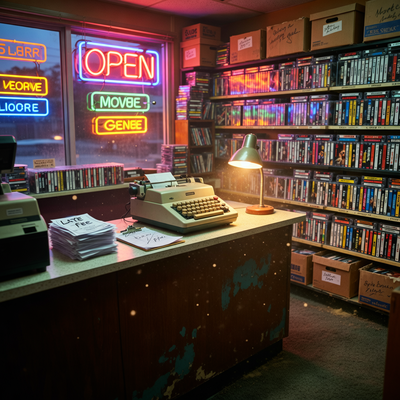 Интерьер ностальгического видеопроката 1990-х годов с полками, заставленными кассетами VHS в пластиковых футлярах и картонными боксами, освещенный неоновыми вывесками и настольной лампой на прилавке с кассовым аппаратом.