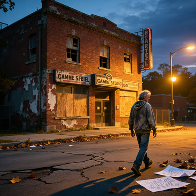 Символическое изображение ухода Брайана Раффела из Raven Software: одинокая фигура на фоне исторической студии в сумерках, передающая конец эпохи в игровой индустрии.