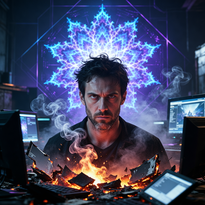 Джейсон Бланделл, создатель Magic Fractal, восстающий из пепла закрытой студии с решительным взглядом и фрактальным узором на фоне.