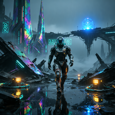 Художественная концепция для игры Marathon: солдат в футуристической броне исследует темные руины инопланетного города под драматическим освещением.