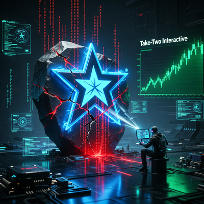 Хакерская атака на логотип Rockstar Games с графиком роста акций Take-Two Interactive на фоне.