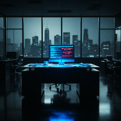Темный офис с монитором, показывающим утечку данных, символизирующий проблемы безопасности и разоблачения в игровой компании.