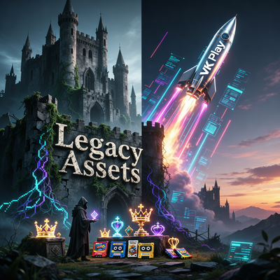 Драматическая сцена, символизирующая раскол в российской игровой индустрии 2025 года: слева — рушащийся замок наследия с продажей активов, справа — взлетающая ракета нового роста.