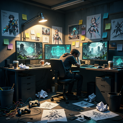 Хаотичная студия разработки игр с разбросанными концептами и мониторами, разработчик в отчаянии за столом.