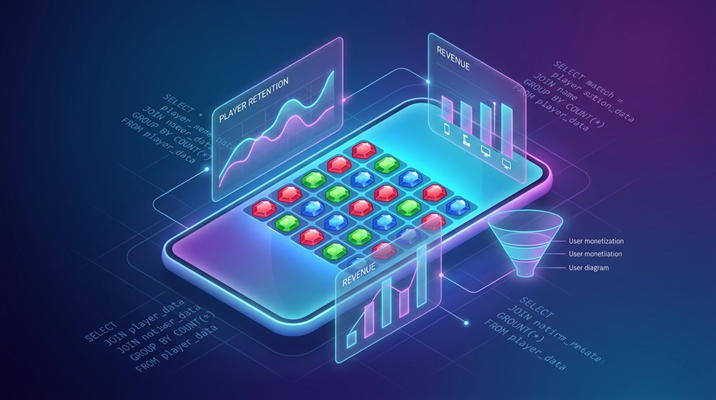 Аналитика мобильной игры match-3: смартфон с игровым полем из цветных кристаллов, графики удержания игроков и дохода, воронка монетизации, SQL-запросы на тёмно-синем фоне
