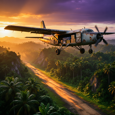 Маленький самолёт летит низко над тропическим островом на закате, внизу джунгли и скрытая взлётная полоса.