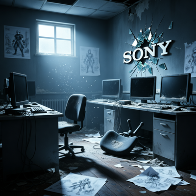 Заброшенная игровая студия с пустыми столами, разорванными концепт-артами и разбитым логотипом Sony на стене.