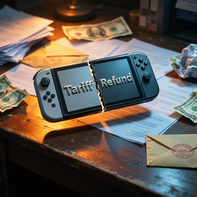 Расколотая консоль Nintendo Switch с деньгами и юридическими документами на тёмном фоне.