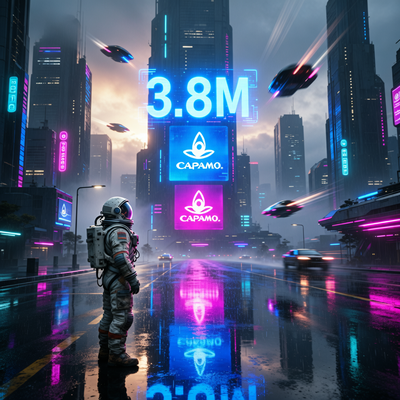 Футуристический город с неоновыми огнями, на здании огромный голографический экран с числом 3,8 млн и логотипом Capcom, на переднем плане фигура астронавта.